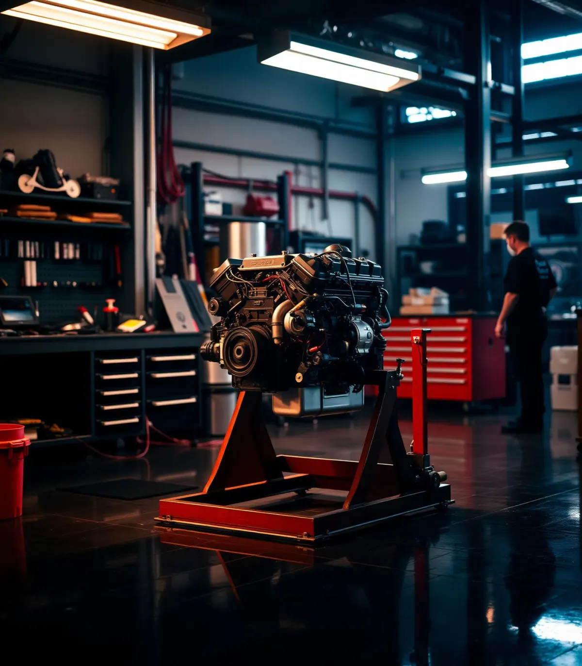 Motor no cavalete dentro da oficina Master Retífica